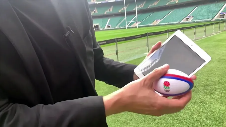 A rugby ball produced from an iPad at Twickenham Stadium