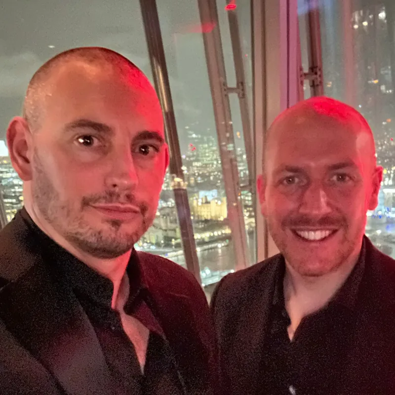 Matt Parro and a fellow magician at The Shard at night