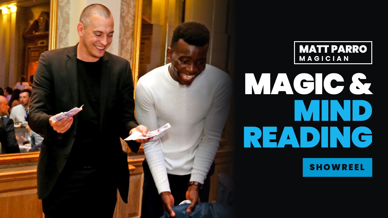 Matt Parro showreel: magic and mind reading, with a guest reacting at a London event