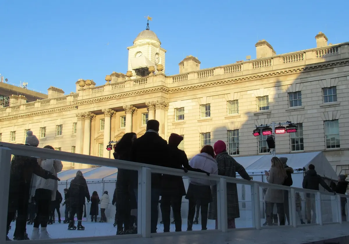 Skaters on the ice rink at Somerset House in London at Christmas